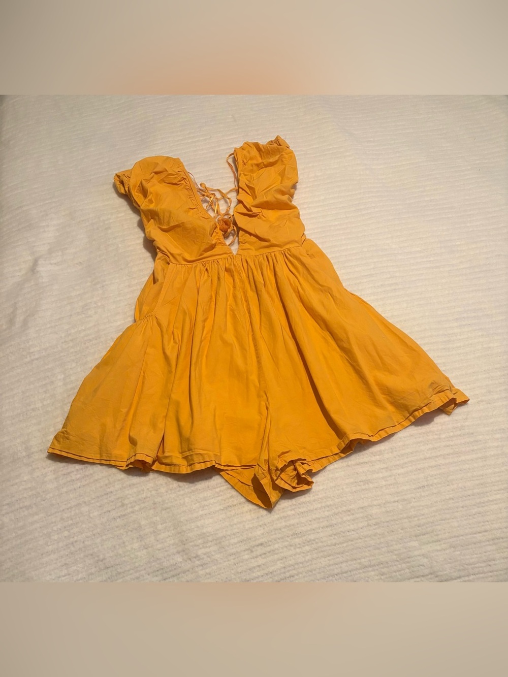 Anthropologie Women’s Ruched V-Neck Orange-Yellow Romper Dress New Without Tags